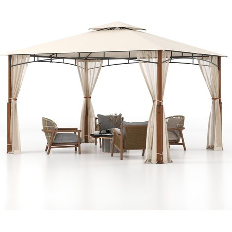 Gazebo da esterno 3,6x3m con reti tetto a doppio strato telaio metallico, Rifugio solare impermeabile per patio Beige (1/4)