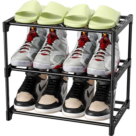 Étagère à Chaussures 3 Niveaux, Empilable Meuble Chaussure en Métal, Meuble de Rangement Chaussure, Porte Chaussures pour Entrée, Salon, Chambre, Dressing, Couloir (Noir) (1/5)