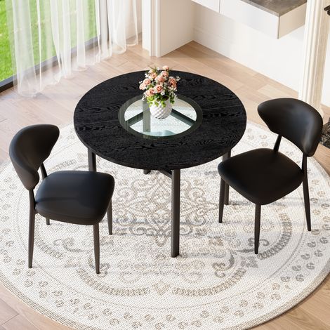 Conjunto de mesa redonda 100x100x76 cm en MDF, cristal y PU negro, moderno para comedor FloraGrace (1/5)