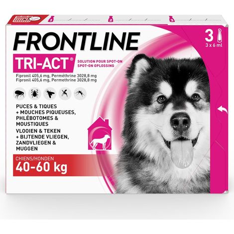 Tri-Act Chien - Anti Puces, Tiques, Moustiques, Phlébotomes & Mouches - Traitement Radical En 6h - Pour Très Gros Chien De 40 à 60 kg - Fabriqué En France - 3 Pipettes Application Spot On (1/5)