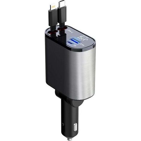 Chargeur de Voiture rétractable 60 W,Chargeur téléphone 4 en 1,câbles Charge Rapide et Adaptateur de Chargeur de Voiture 2 Ports USB,pour iPhone 15/iPad,Galaxy/Google/Huawei,de DEBUNS (1/4)