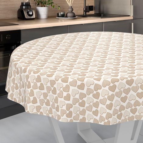 Nappe en Toile cirée, Lavable, pour Table de Jardin, extérieur et intérieur, Ronde, Bord coupé, Motif cœur, Beige, 140 cm (1/5)