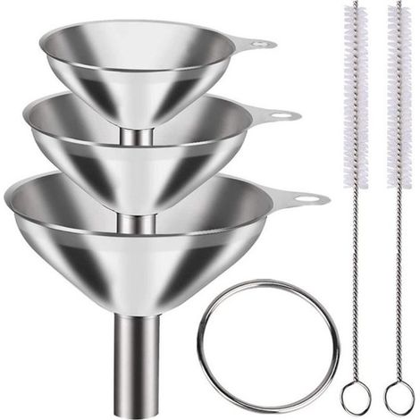 Ensemble de 3 entonnoirs en acier inoxydable (avec 2 goupillons de nettoyage) Petit (4,5 x 3,5 cm) Moyen (5,5 x 5 cm) Grand (7,5 x 6,5 cm) Ensemble de versement en métal Min (1/5)