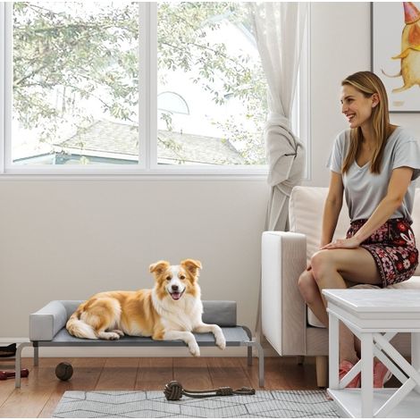 Lit surélevé pour chien moyen, maille en polyester, 110x75x30 cm, gris clair, OKWISH (1/5)