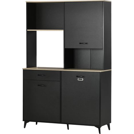 Buffet haut industriel multi-rangement 3 portes étagère tiroir niche plateau métal noir