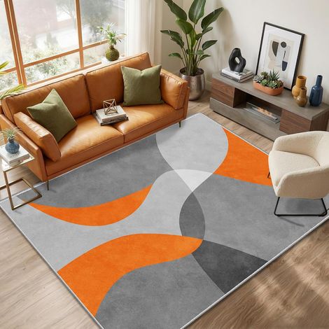 Tapis de salon moderne 200 x 300 cm avec motif géométrique – Design gris/orange Tapis à poils courts avec surface résistante à l'abrasion Tapis lavable en machine pour salon, salle à manger, cuisine (1/5)