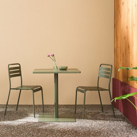 Table de jardin bistrot carré acier + 2 assises 70 cm kaki - Orea + Amélia (1/5)