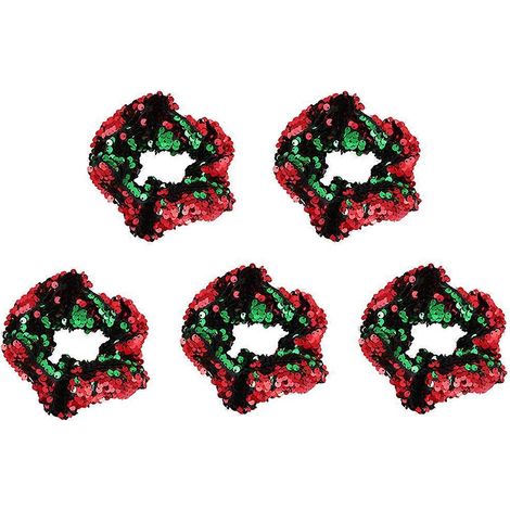 Lot de 5 élastiques à cheveux pailletés de Noël, en tissu, pour queue de cheval, accessoire de fête pour femmes et jeunes filles - Type 1-11X11CM (1/2)