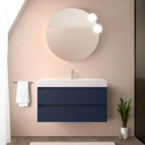 Mobile bagno sospeso 90 cm blu satinato con due cassetti e lavabo in resina Gaya (1/5)