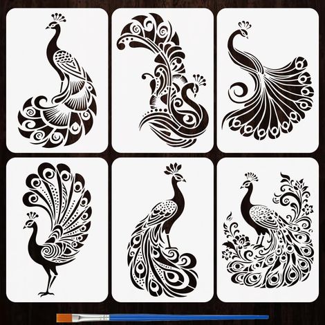 6PCS Pochoirs Paon 21x29.7cm avec un Pinceau Modèles Design d'Oiseau Plume de Paon Format A4 Pochoirs Peinture Animaux Réutilisable Modèle de Dessin PET pour DIY Maison Art Artisanat (1/5)