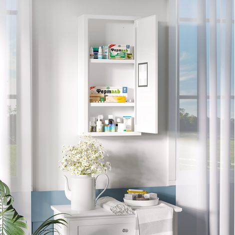 Botiquín de pared (36x18x66 cm), con 3 estantes, cierre magnético, acero, blanco (1/5)