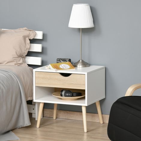 Table de chevet, table de nuit, avec tiroir, design moderne, pieds en bois massif, 50 x 39 x 51 cm, et bois naturel blanc