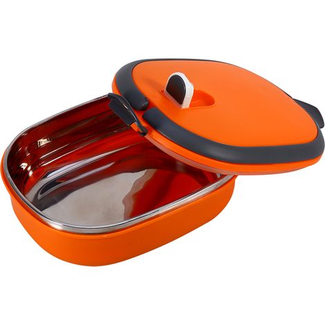 Isolierte, einstöckige orangefarbene Lunchbox aus Edelstahl, Aufbewahrungsbehälter für Mittagessen, Abendessen und Nachtisch, luftdichte Lunchbox aus Metall. (1/5)