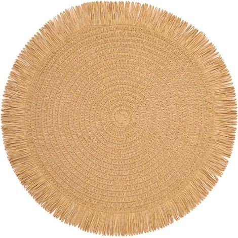 Lot de 4 sets de table ronds en paille de papier tissé avec pompons 38 cm Kaki'Parent'Kaki'- (1/2)
