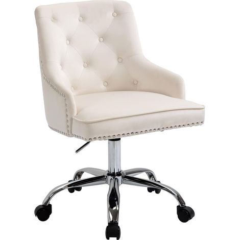 Chaise de Bureau Moderne en Velours Blanc - Fauteuil Pivotant pour Coiffeuse/Chambre, Hauteur Réglable, Pieds Argentés (Max 135 kg) (1/5)