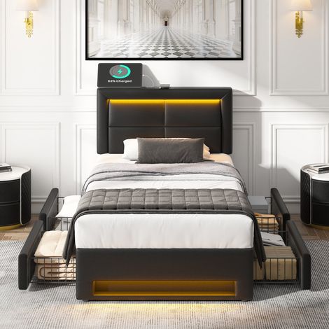 Lit simple 90x190 cm en pu avec USB et éclairage LED,lit coffre avec 4 tiroirs et sommier à lattes pour enfant/adulte,noir (1/5)