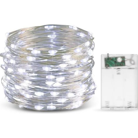 LED Guirlande Lumineuse batterie, 10m 100LED Guirlande en Cuivre, IP65 Étanche Argent Fil Blanc Froid Lumière pour Noël, Chambre, Mariage, Soirée, Maison, Jardin (Blanc Froid) (1/5)