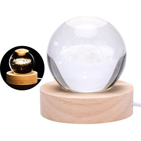 Veilleuse Boule Cristal Galaxie - LED 3D Gravée - Socle Bois Naturel - USB Rechargeable - Pour Chambre Salon Bureau - 1 Pièce (1/5)