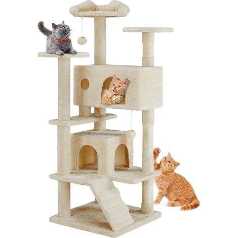 Grand Arbre à Chat - 135 cm - Tour d'escalade - Arbre à Chat avec Grotte - Entièrement enveloppé de sisal - Arbre à Chat d'activités pour Chats de Tous âges (Beige) (1/5)