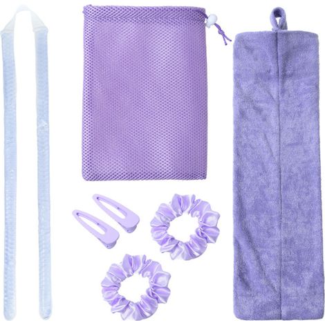 Kit de coiffage sans chaleur avec perles de gel, fer à friser, bigoudis de nuit, outils de coiffure DIY, élastiques, pinces et pochette de rangement pour cheveux mi-longs.