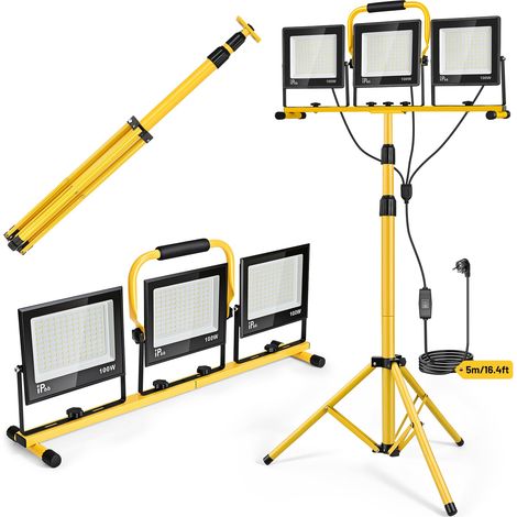 3×100W Projecteur LED sur Trépieds 23,000LM, Lampe de Chantier Travail avec Support Réglable Hauteur 160cm, Lumière de Chantier Étanche IP66, avec Câble 5M, pour Exterieur Garage, Atelier (1/5)