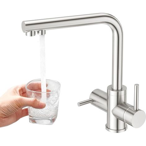 1 Robinet Cuisine 3 Voies, Acier Inoxydable Brossé, Pivotant 360°, Eau Filtrée, Double Poignée, Grand Évier