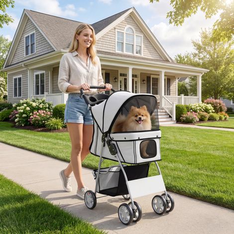 Chariot pliable pour animaux de compagnie, caisse de transport pliable pour chien/chat avec porte-gobelet et panier de rangement, 75 x 45 x 97 cm, gris