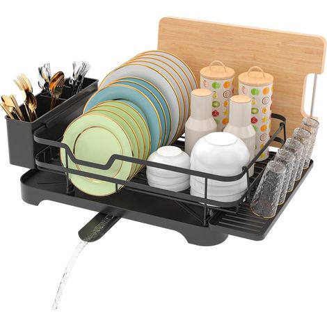 Escurridor de platos, acero inoxidable, soporte para tazas y cubiertos, sistema de drenaje automático, negro, cocina (1/5)