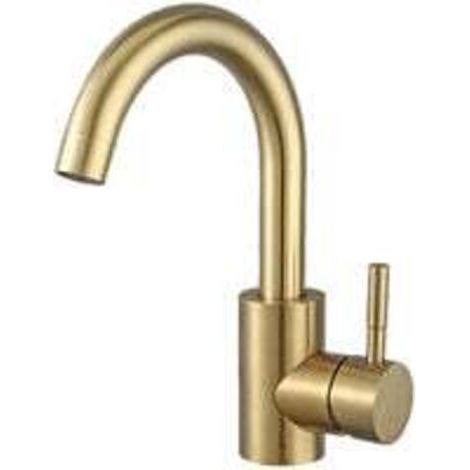 Ensoleille – Mitigeur lavabo doré brossé à bec haut – Rotation 360° – Montage au pont – Acier inoxydable – Aérateur en nid d'abeille pour économie d'eau (1/5)