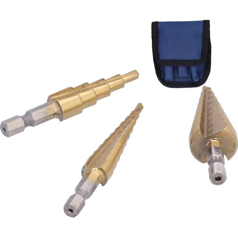 3-teiliges HSS-Stufenbohrer-Set mit Sechskantschaft und gerader Nut, inklusive Aufbewahrungstasche (1/5)