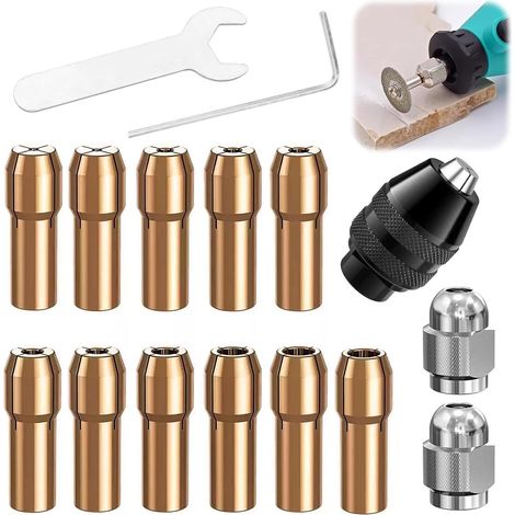 Juego de 16 mandriles compatibles con Dremel, accesorios para herramientas rotativas, repuesto de 0,5 mm a 3,2 mm para 4485 y 4486, abrazadera de latón con tuerca metálica, mandriles de latón de preci (1/5)