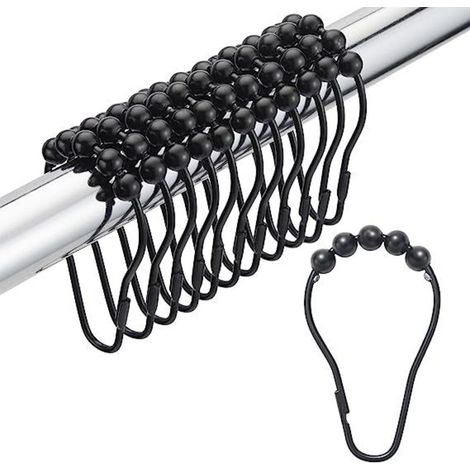 20 Stück glänzend schwarze Duschvorhangringe aus Metall mit Gleitsystem für Duschvorhangstangen (1/4)