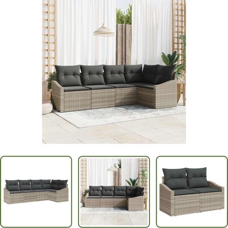 vidaXL Poly-Rattan - Sofa Set mit Kissen 5 pcs Hellgrau Poly-Rattan (1/5)