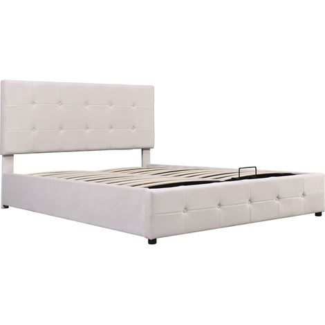 Cama con canapé 140 x 200 cm de terciopelo crema con cabecero ajustable y somier metálico (1/5)