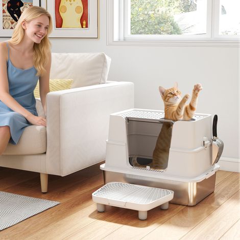 Bac à litière en acier inoxydable pour grands chats, couvercle pivotant à 100°, pelle incluse, 60,2 x 40,2 x 44,5 cm, gris clair (1/5)