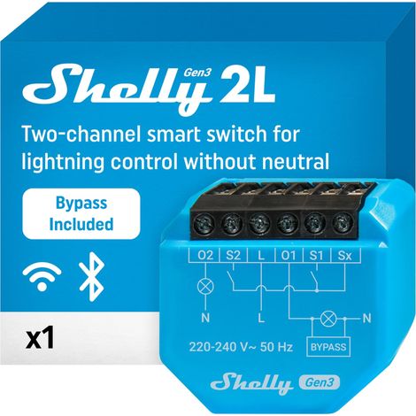 Shelly 2L Gen3 – Relé interruptor de luz inalámbrico, 2 Canales (200–700 W), Sin neutro y sin Hub, incluye Bypass 1L/2L, Control remoto por aplicación y por voz con Alexa, Google Home y SmartThings