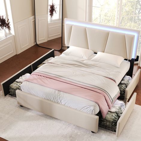 Cama doble con LED y 4 cajones cabecero ajustable OKMYHOME (1/5)