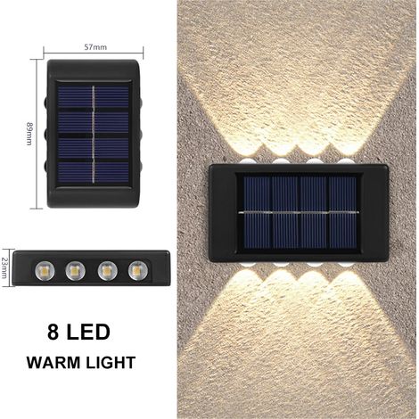 Appliques murales solaires double tête haute luminosité (8 LED, lumière chaude), éclairage vers le haut et vers le bas, pour jardin, porte ou enseigne, étanches, pour extérieur. (1/5)