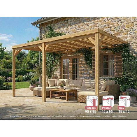 Pergola adossée en bois Montpellier 600 x 300 cm + 3 supports surélevés - Maderland