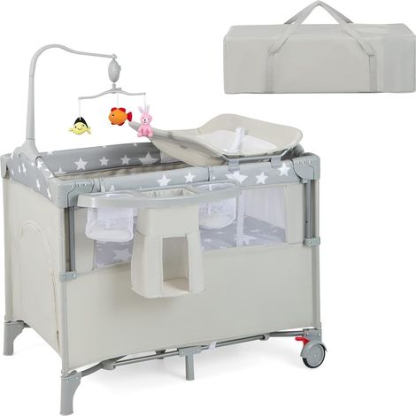 COSTWAY Cuna de Viaje para Bebé Cambiador,Cama de 2 Niveles con Juguetes Colgando,Caja de Música, Colchón y Bolsa de Transporte (Beige) (1/5)