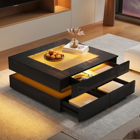 Table basse carrée LED 70x70x35 cm,plateau en verre trempé,3 tiroirs,finition noir brillant (1/5)
