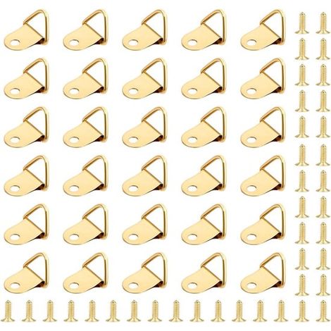 Anillas metálicas en forma de D - Ganchos - Ganchos para marcos de fotos - Con tornillos - 100 unidades - Dorado (1/5)