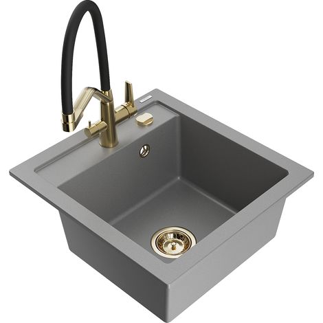 Mexen Vito évier en granit 1 bac avec robinet de cuisine Duo, gris - 6503-71-671701-57-G (1/5)