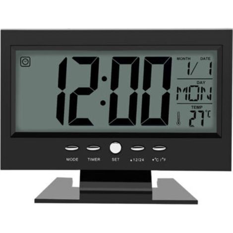 Réveil de bureau avec capteur de son numérique LCD, avec calendrier et affichage de la température, noir