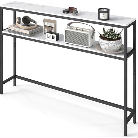Console pour couloir table de salon fine à 2 niveaux 20 x 120 x 80 cm table d’appoint avec 2 étagères pour salon chambre blanc marbré et noir (1/4)