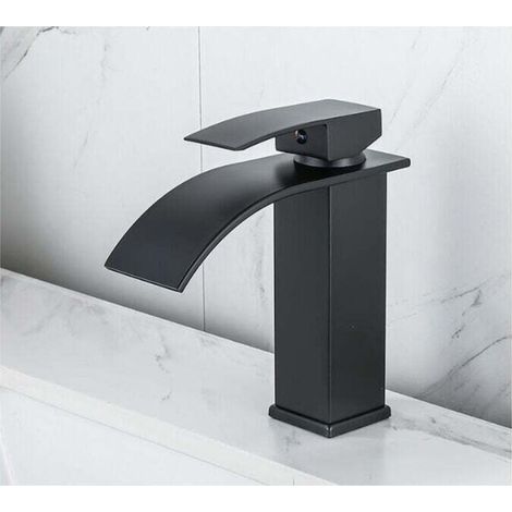 Robinet cascade laqué pour vasque à poser, WC, meubles de salle de bain, robinet monotrou, robinet cascade pour lavabo, mitigeur cascade noir, robinet de salle de bain monotrou (1/4)