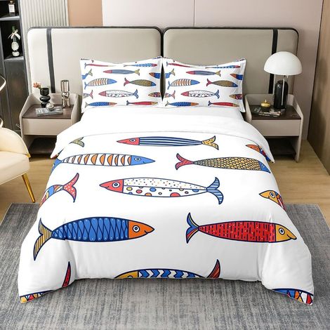 Cotton Fish Duvet Cover 220 x 240, Cute Fish Bedding Set, Navy Wildlife Comfort Cover, Blue Yellow Red Cartoon Hunting Fishing Geometric Wavepoint Line Bedding Set (1/5)