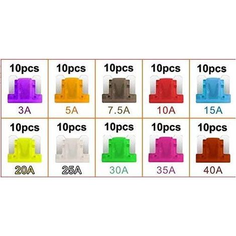 100 PCS 12V-24V Basse Profil Fusibles Mécaniques de Voiture pour Véhicule Auto Moto Bateau Camion, Assortiment Voiture Fusible à Lame Small, 3A 5A 7.5A 10A 15A 20A 25A 30A 35A 40A (1/4)