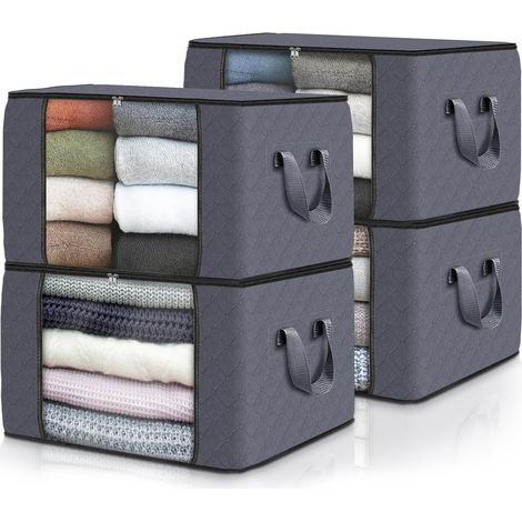 Set di 4 sacchi portaoggetti pieghevoli (60 l) per organizzare camere da letto, armadi, vestiti e coperte, grigi. (1/5)
