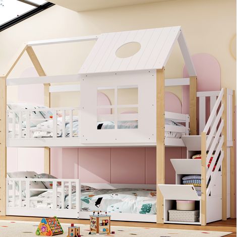 MEUBLIV Etagenbett 90x200 cm Weiß + Natur – mit Stauraumtreppe, ohne Matratze (1/5)